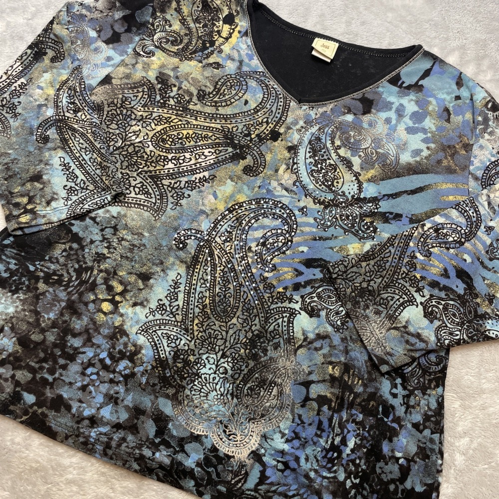 Vintage Jess & Jane Womens Deep Sleep Top Size L Blue Beaded Paisley 3/4 Sleeve